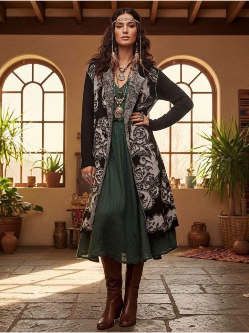 Free People “After the Storm” Black Brocade Knit Hooded Cardigan M Wool Blend